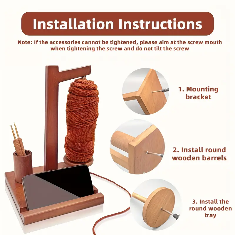 T-Shaped Wooden Yarn Holder with Phone Stand & Crochet Hook Storage – Magnetic Yarn Ball Spinner in Walnut Finish
