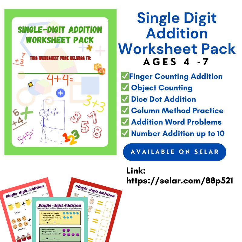 Single Digit Addition Worksheets (Ages 4–7) – Fun & Colourful Addition Practice Pack