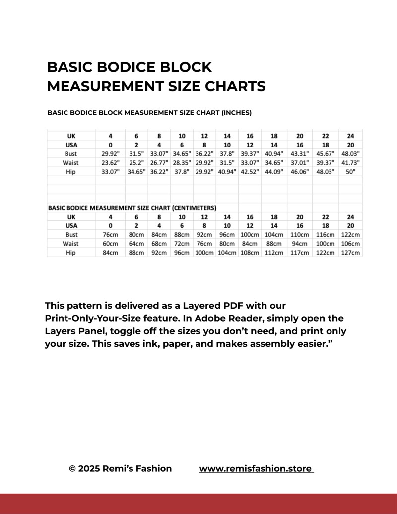Bodice Block Sewing Pattern Bundle – UK Sizes 4–24 (PDF)