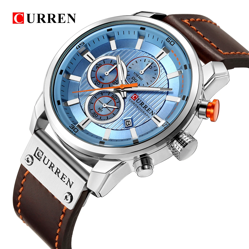 Curren 8291 Men's Leather Straps Watch - Sea Blue Dial