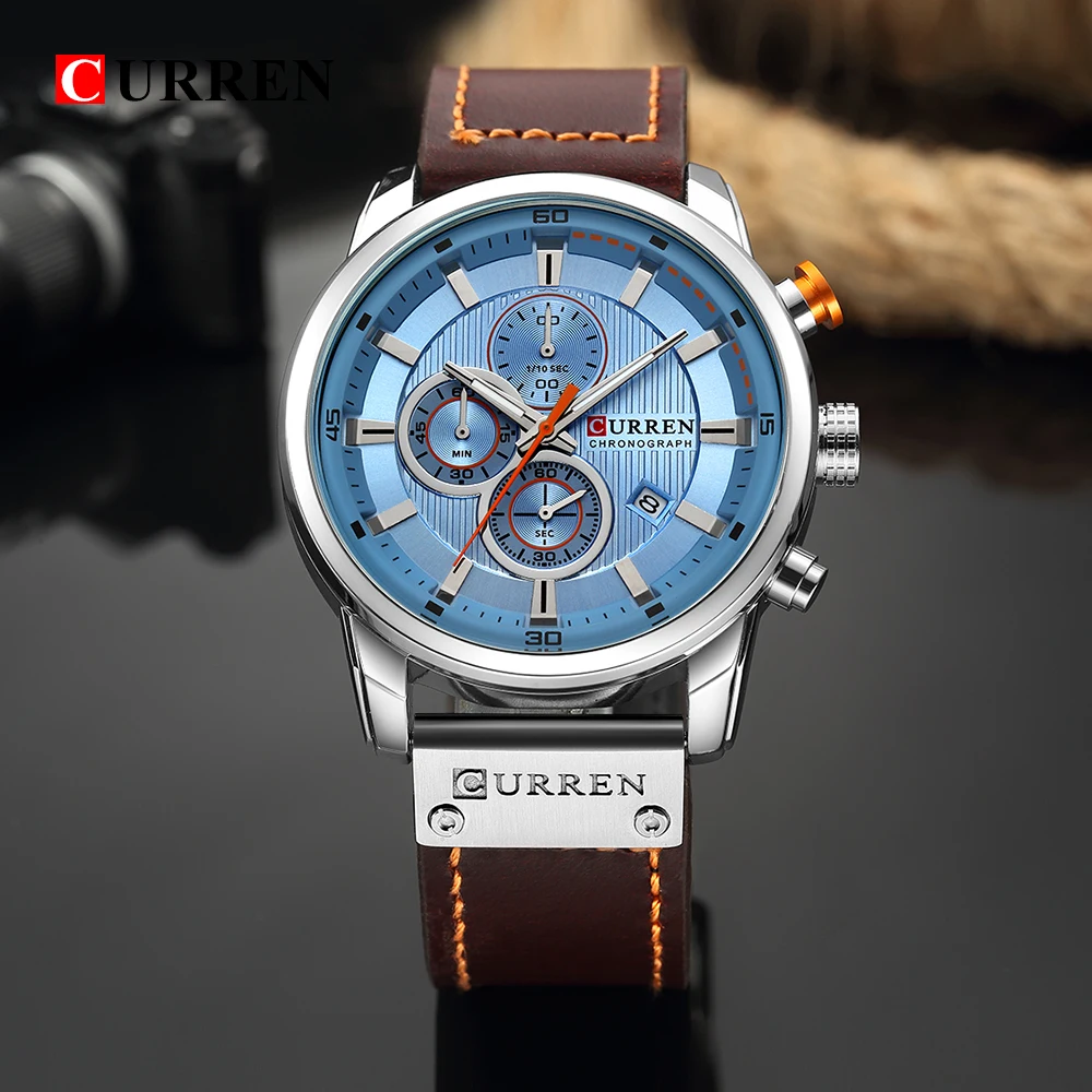 Curren 8291 Men's Leather Straps Watch - Sea Blue Dial