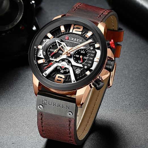 Curren 8329 Business Chronograph Dress Leather Strap Analog Quartz Wrist Watch - Rose Gold Black