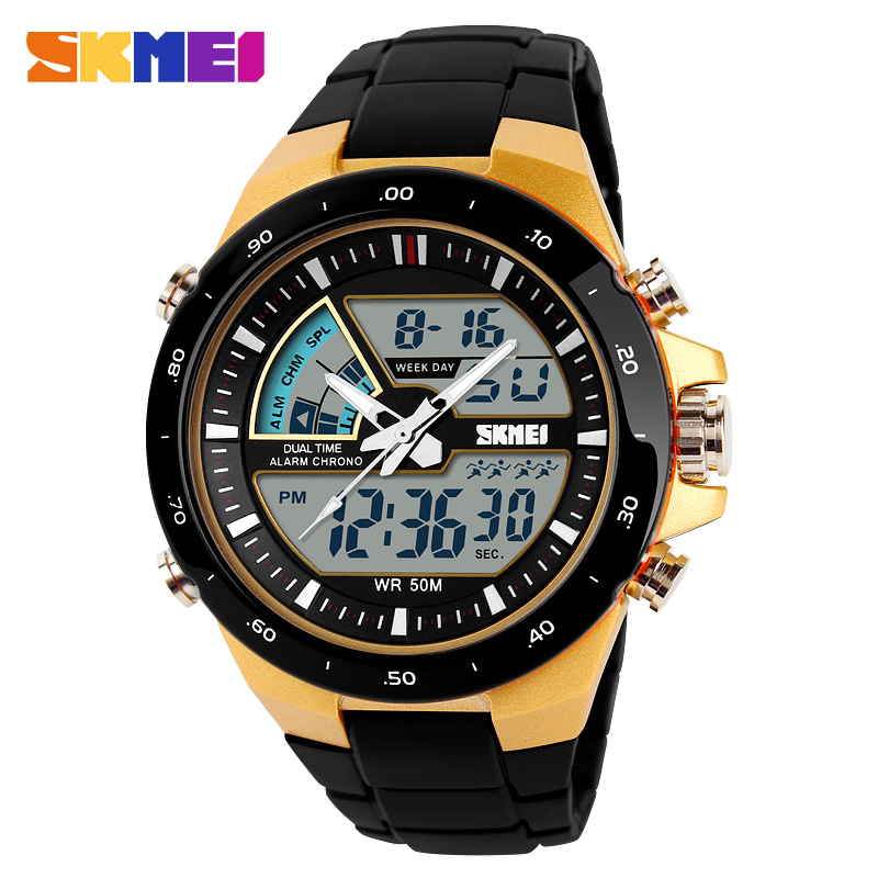 Skmei 1016 Men's Digitl Analog 50M Waterproof Sports Watch Military Multifunction Stopwatch Alarm Backlight  Watch - Black Gold