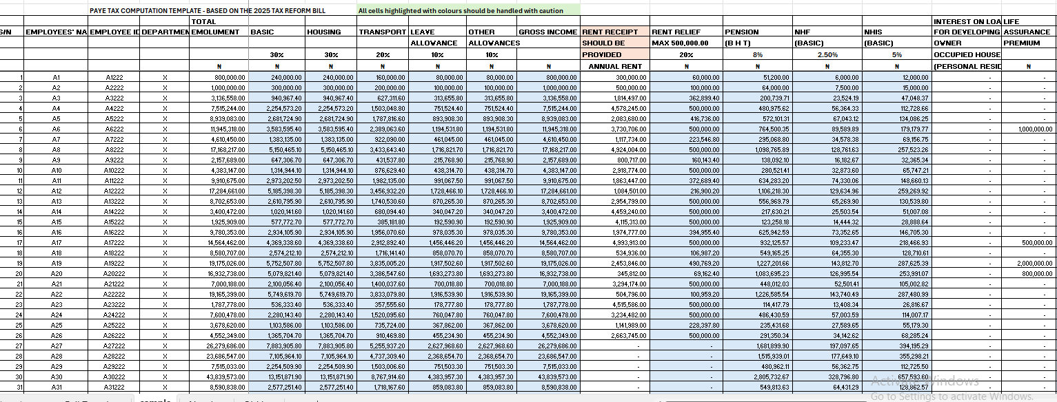 PAYE COMPUTATION TEMPLATE- Full Template