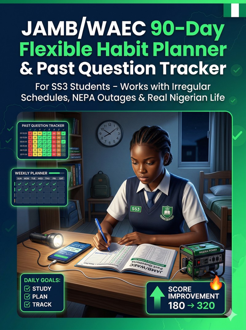 JAMB/WAEC 90-Day Flexible Habit Planner & Past Question Tracker for SS3 Students.