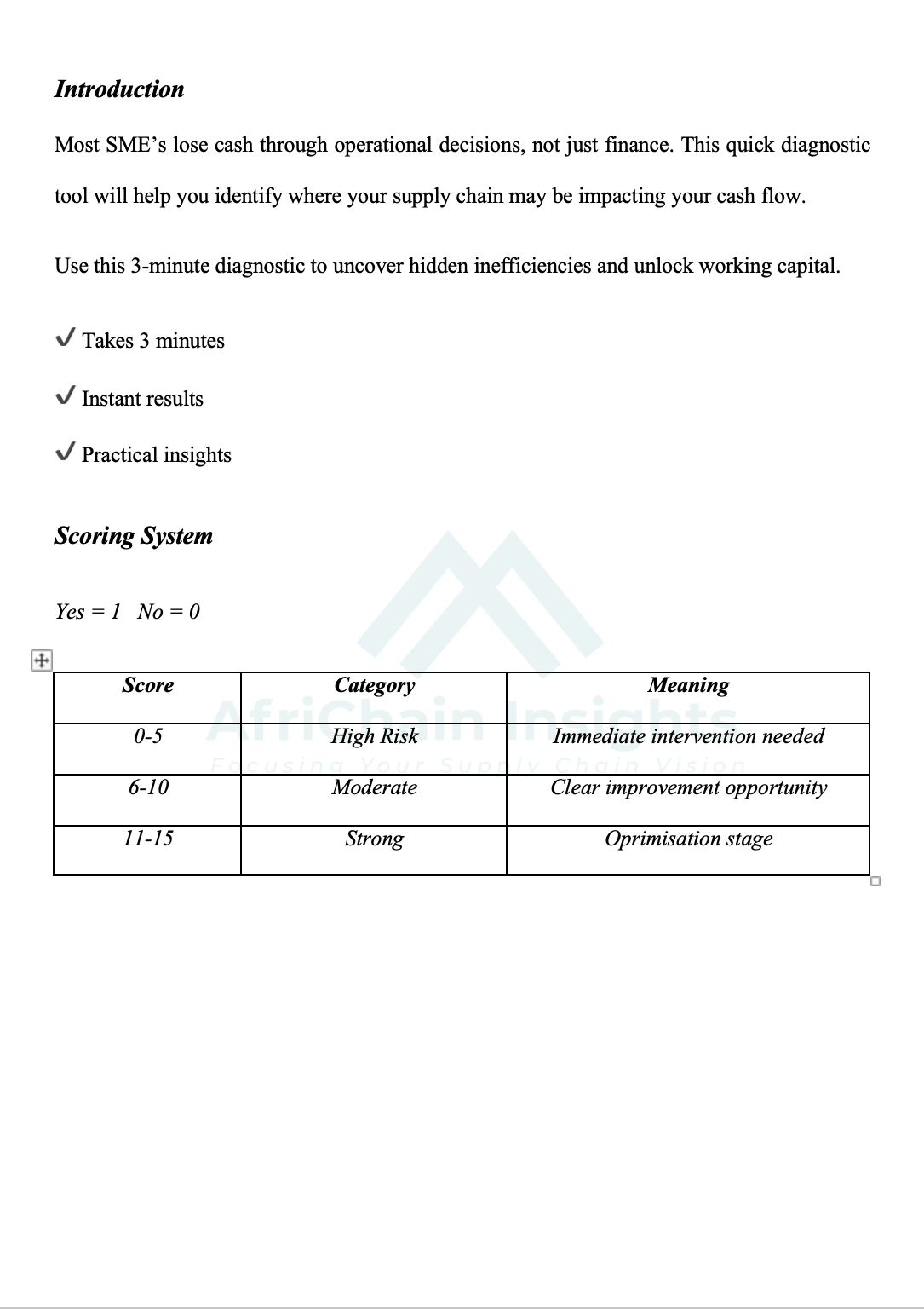 Supply Chain Cash Flow Diagnostic Tool