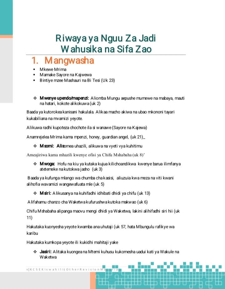 Wahusika-Nguu za Jadi Notes