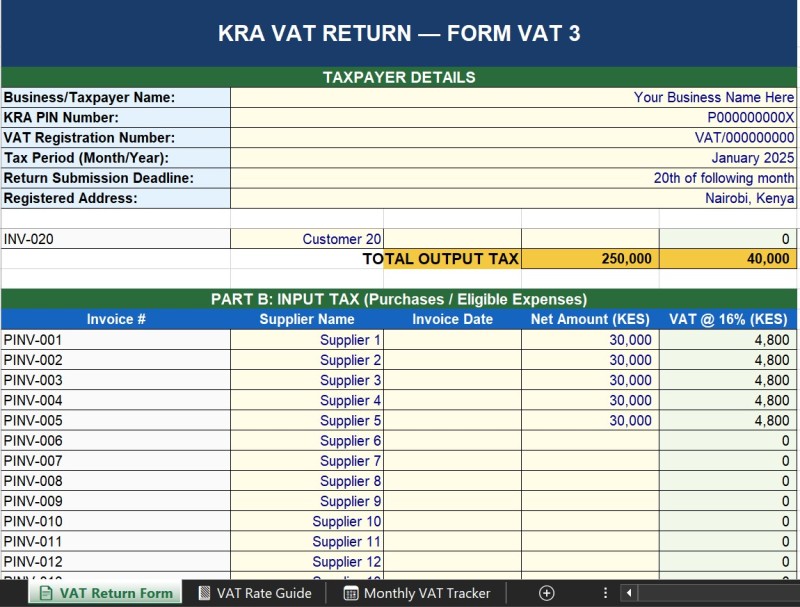 KRA VAT Return (Form VAT 3) | Excel Template for Kenyan Businesses