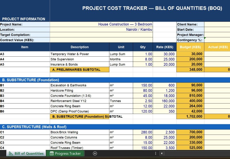 Project Cost Tracker & BOQ | Excel Template for Kenyan Businesses