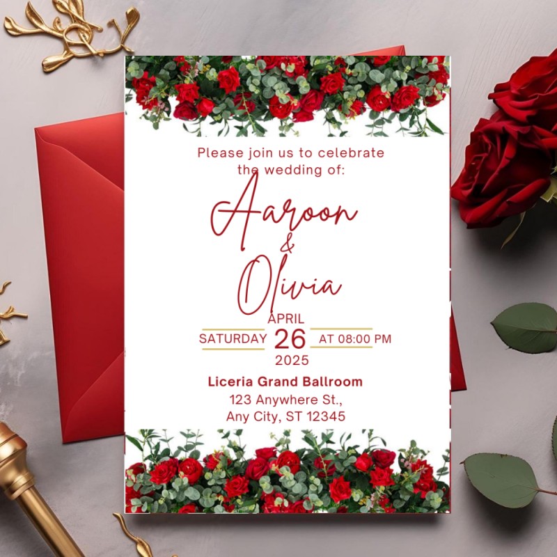 beautiful red and green floral wedding invitation template