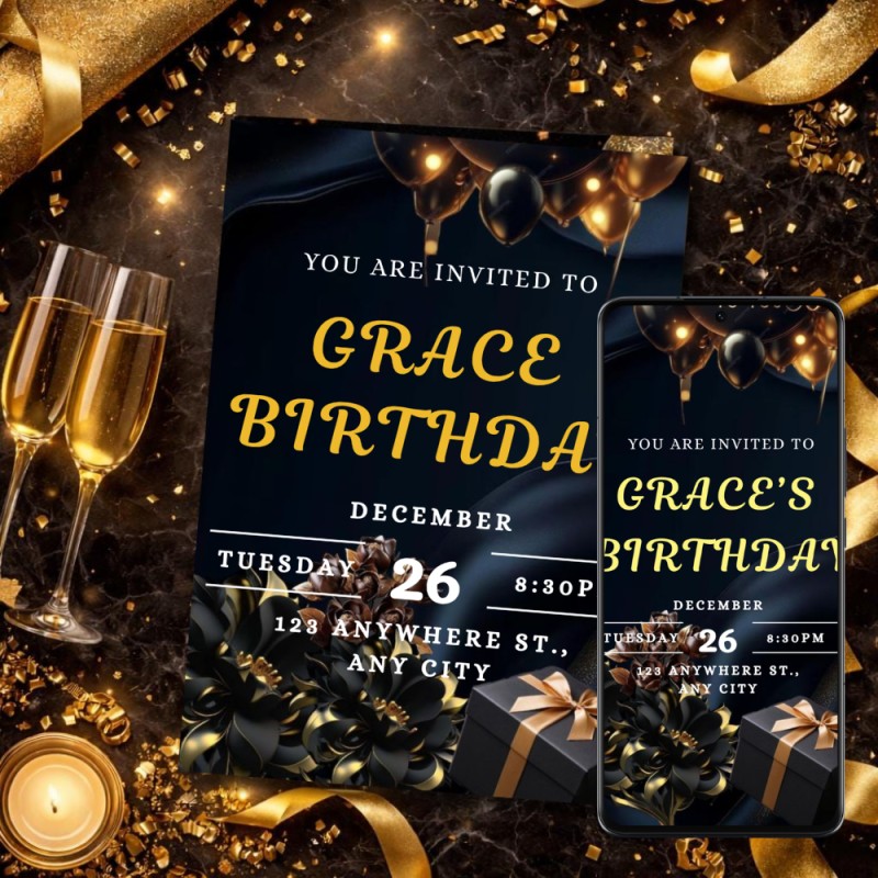 Black Gold Birthday Invitation Template, Elegant Birthday Invite, Luxury Party Invitation Printable & Phone Invite Editable