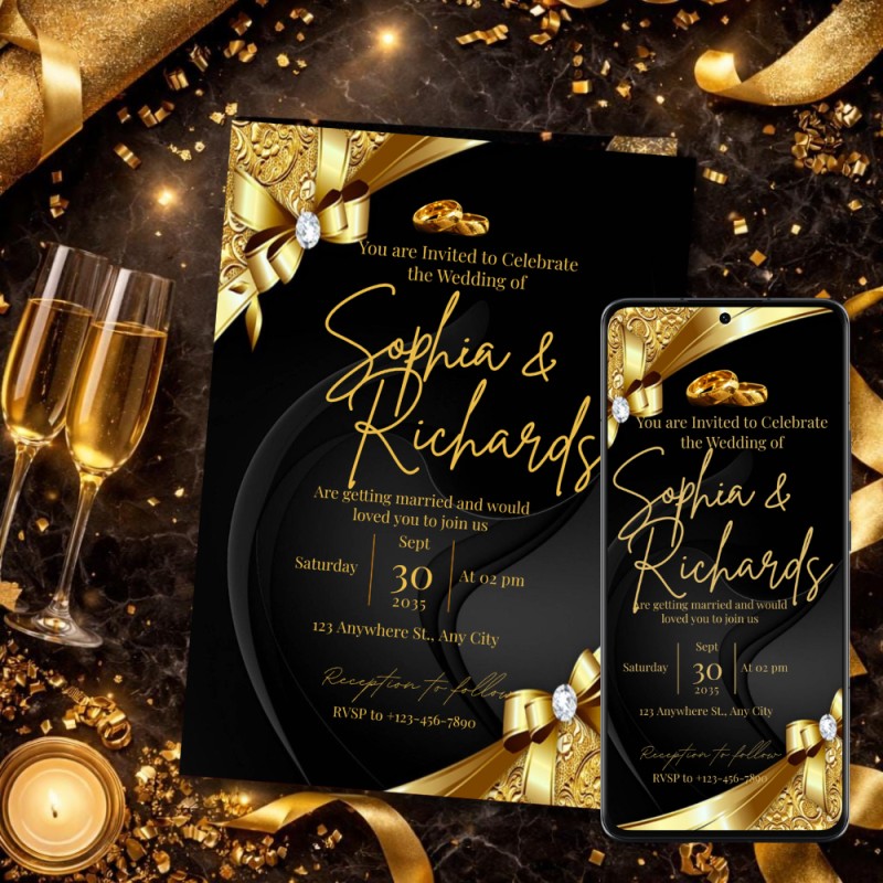 Black Gold Wedding Invitation Template, Elegant Luxury Wedding Invite, Editable Printable & Phone Invitation Card, Modern Wedding Invite