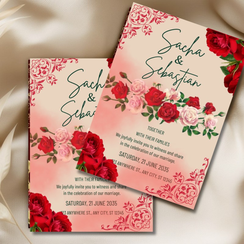 Floral Wedding Invitation Template, Red Green Wedding Invite, Romantic Wedding Card, Printable & Phone Invitation Editable