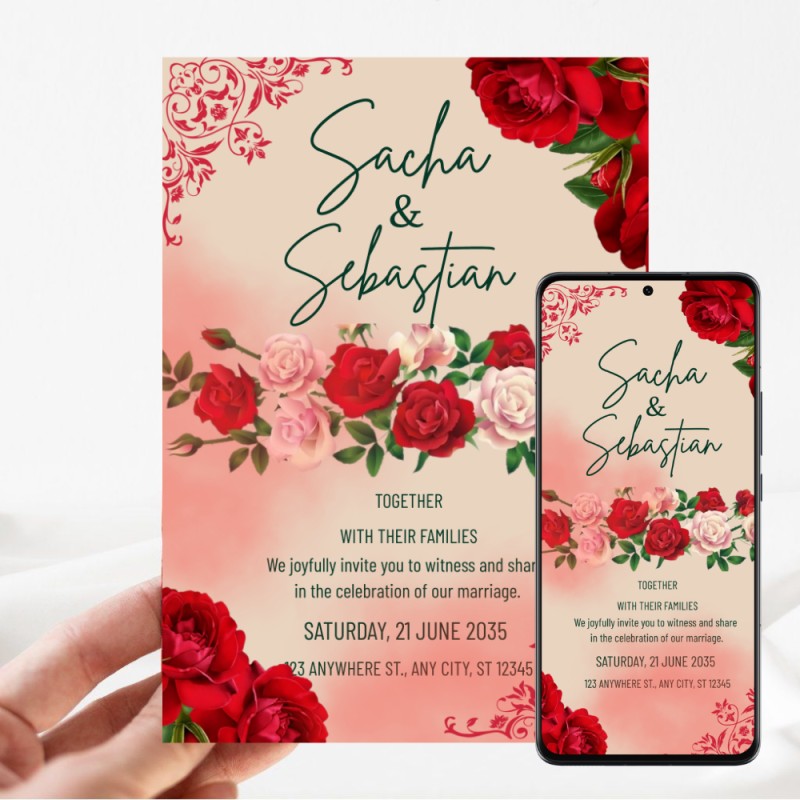 Floral Wedding Invitation Template, Red Green Wedding Invite, Romantic Wedding Card, Printable & Phone Invitation Editable