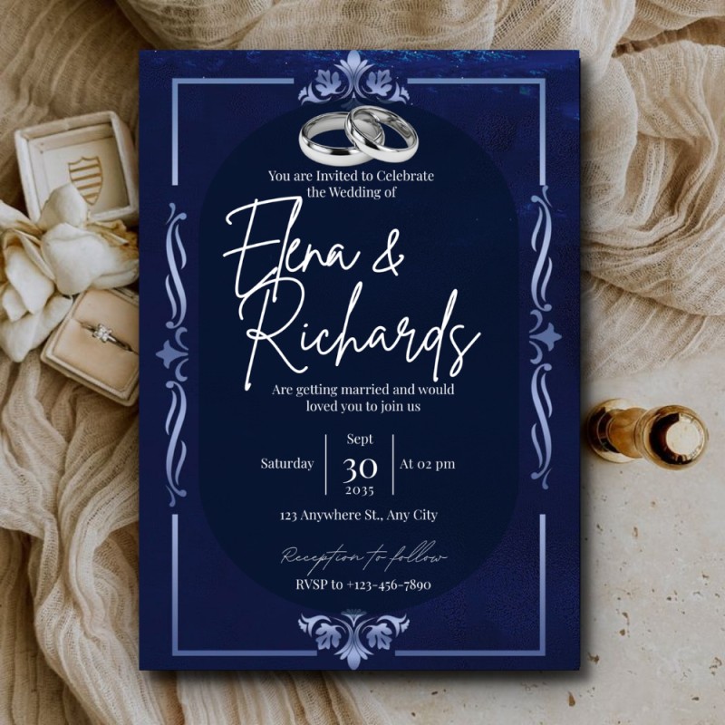 Navy Blue Wedding Invitation Template, Modern Elegant Wedding Invite, Printable & Phone Invitation Card, Minimalist Wedding Design
