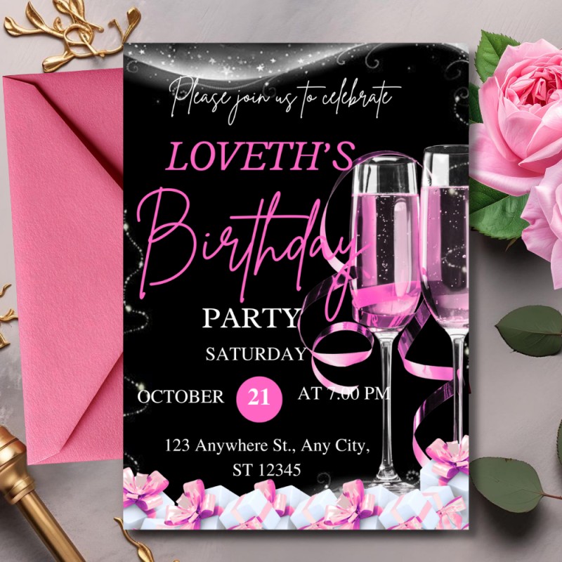 Pink, White and Black Elegant Birthday Party Invitation (Phone Wallpaper)