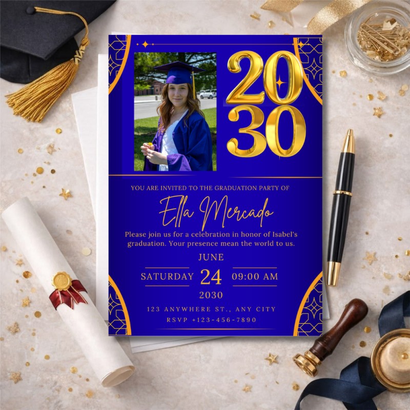 Royal Blue Gold Graduation Invitation Template, Photo Graduation Party Invite, Class of 2024 Editable Invite, Printable & Phone Graduation Card