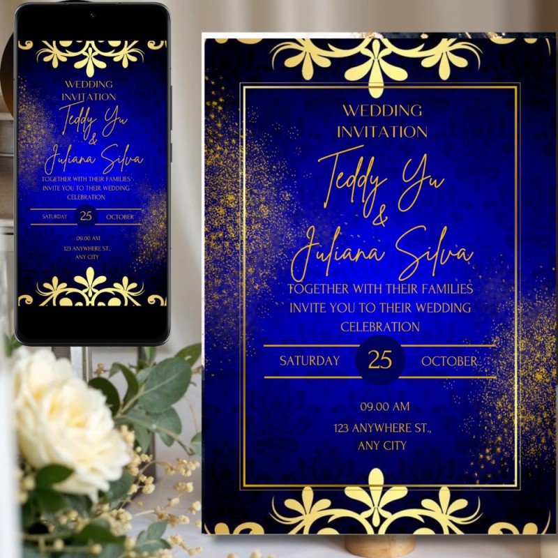 Royal Blue Gold Wedding Invitation Template, Elegant Blue Wedding Invite, Printable & Phone Invitation, Luxury Event Invitation Card