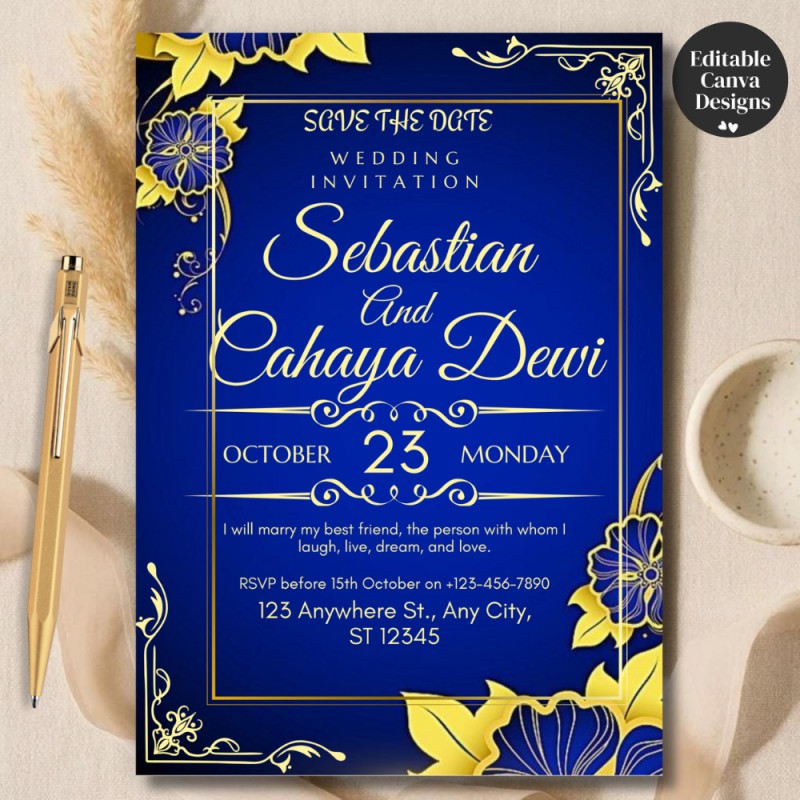 Royal Blue Gold Wedding Invitation Template, Elegant Blue Wedding Invite, Printable & Phone Invitation, Luxury Event Invitation Card