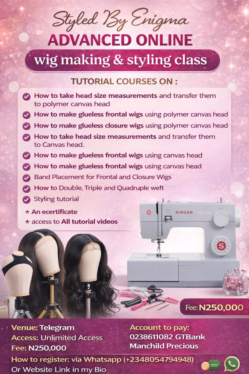 BEGINNER - ADVANCE ONLINE WIG MAKING & STYLING TUTORIAL COURSE (TELEGRAM)