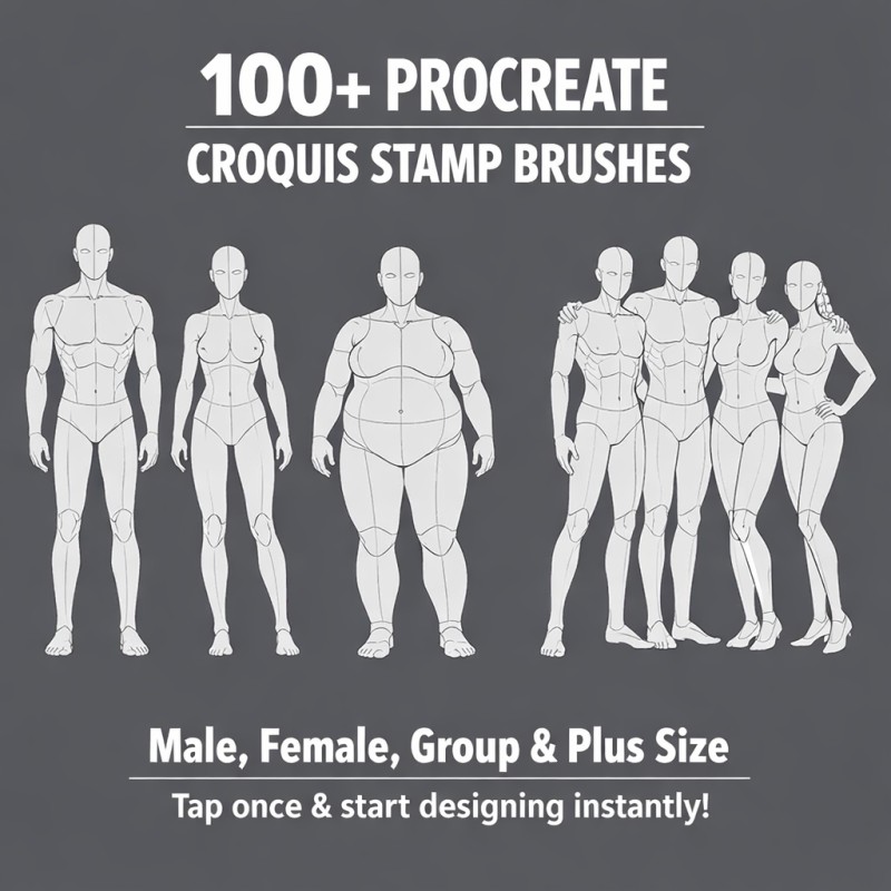Procreate Croquis Stamp Brush Pack (100+ Figures) – Male, Female, Group & Plus Size Fashion Templates