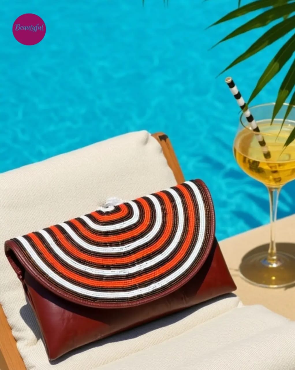 Orange & White Curve Beaded Clutch