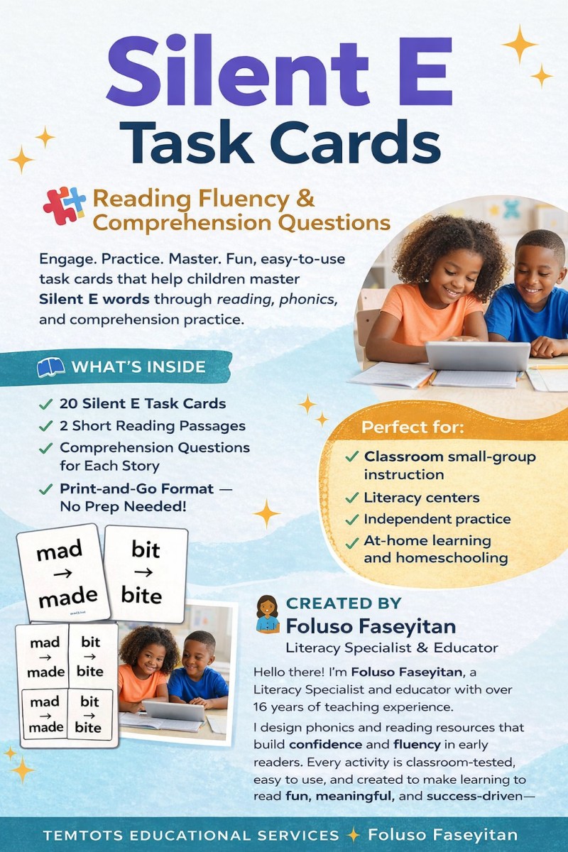 Silent E Task Cards: Reading Fluency & Comprehension (Printable PDF)