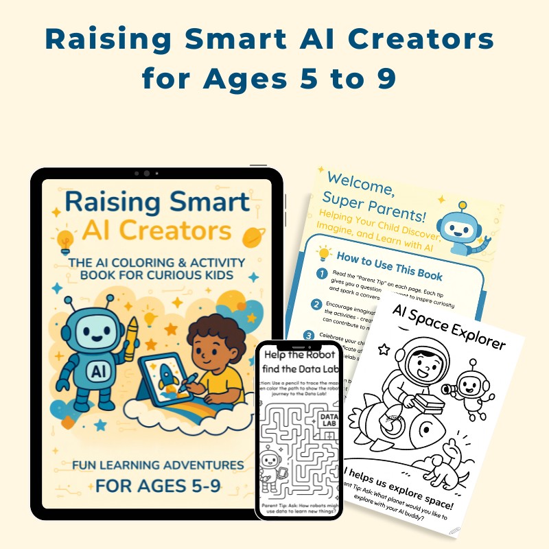 Raising Smart AI Creators – AI Coloring & Activity Book (Ages 5–9) + 2 Bonuses Printable STEM Activities for Kids