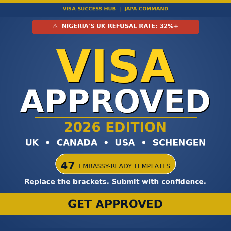 VISA APPROVED 2026: 47 Embassy-Ready Templates for Nigerian Applicants — UK, Canada, USA & Schengen (Cover Letters, Appeal Letters & Lump Sum Explanations)