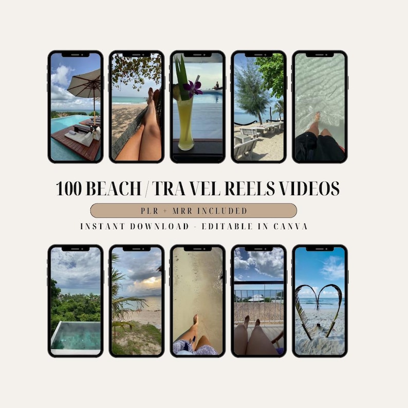 100 Beach & Travel Reels Videos Bundle, PLR, MRR, Beach, Vacation, Seaside, Resort, Pool, Instagram, TikTok, Master Resell Rights