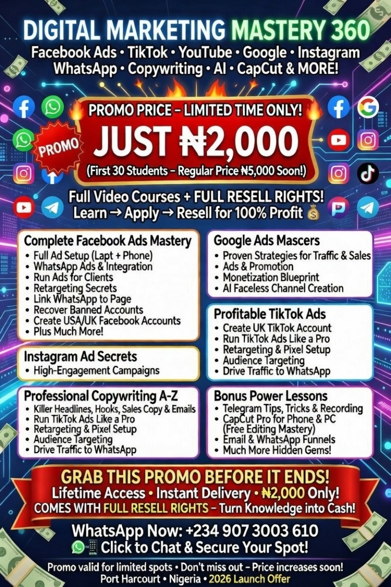 Digital Marketing Mastery 360: Complete Digital Marketing, Copywriting & Ads Mastery Bundle – Facebook, TikTok, Google, YouTube, Instagram, WhatsApp, Email + CapCut Pro, AI Secrets, Video Editing & More – With Full Resell Rights!