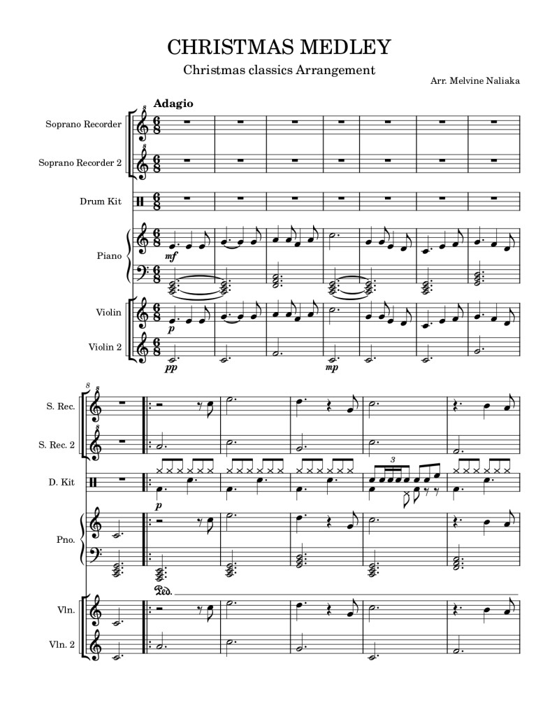 Christmas Medley – Flexible Ensemble Arrangement: Violin, Recorder, Drum Kit & Piano – Perfect for Kenyan School Concerts