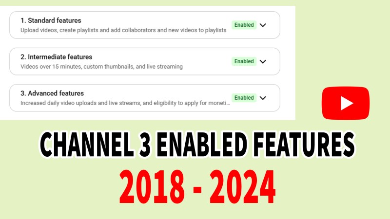 YouTube channel from 2018-2024 with 3 enabled features