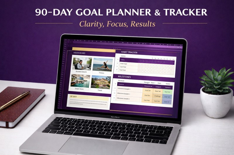 90-Day Goal Planner Spreadsheet | Quarterly Planner | Goal Tracker Excel | Habit Tracker | Weekly Review Template | Vision Board Planner | Productivity Planner | Instant Download