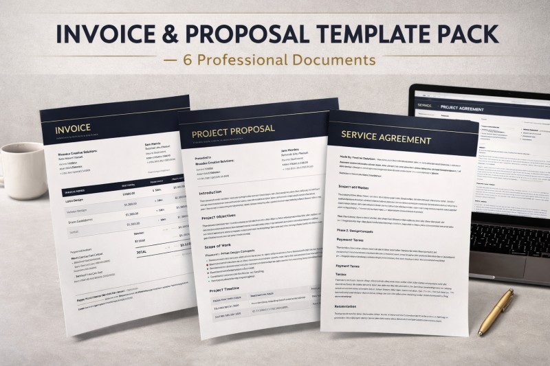 Freelancer Invoice Template Pack | Professional Invoice Word Document | Project Proposal Template | Service Agreement Contract | Payment Receipt | 6 Templates Bundle | Instant Download