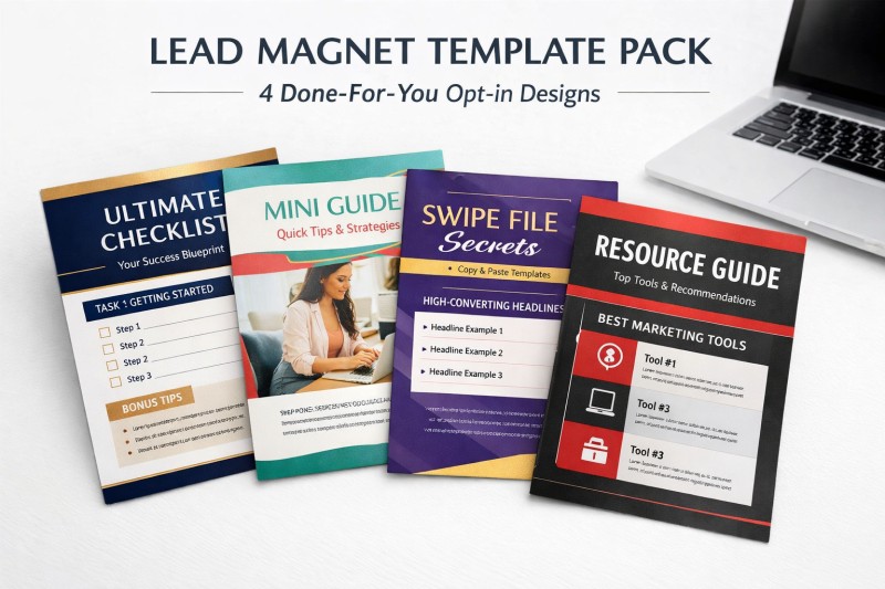 Lead Magnet Template Pack | 4 Done-For-You PDF Templates | Checklist Template | Mini Guide Template | Swipe File Template | Resource Guide Template | Email List Building | Instant Download