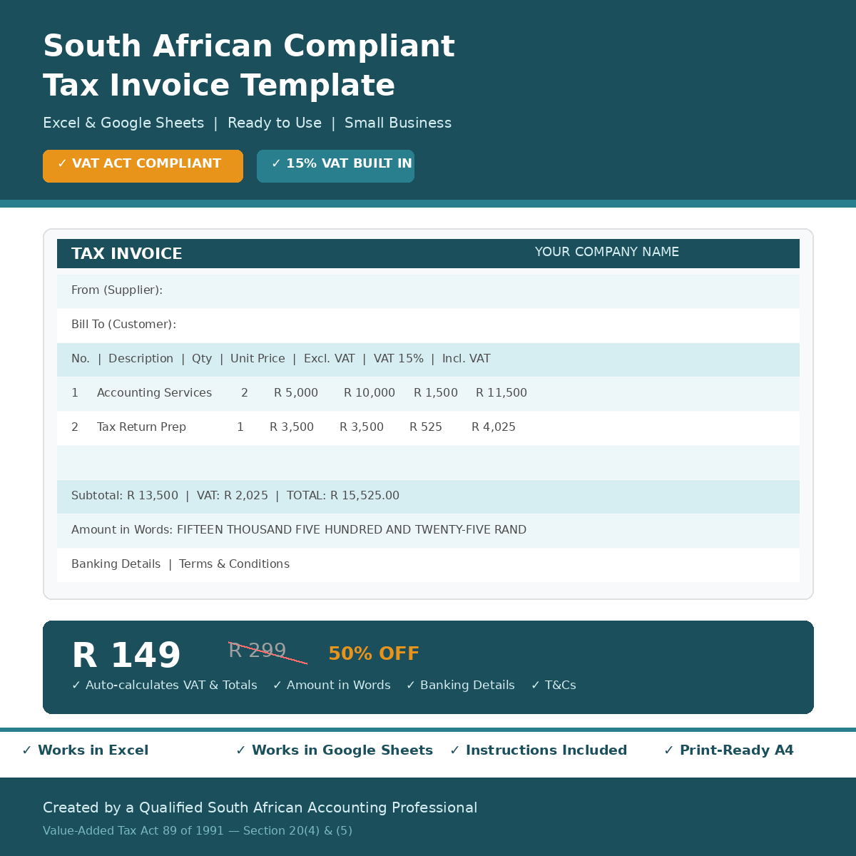 South African Compliant Tax Invoice Template | Excel & Google Sheets | Small Business
