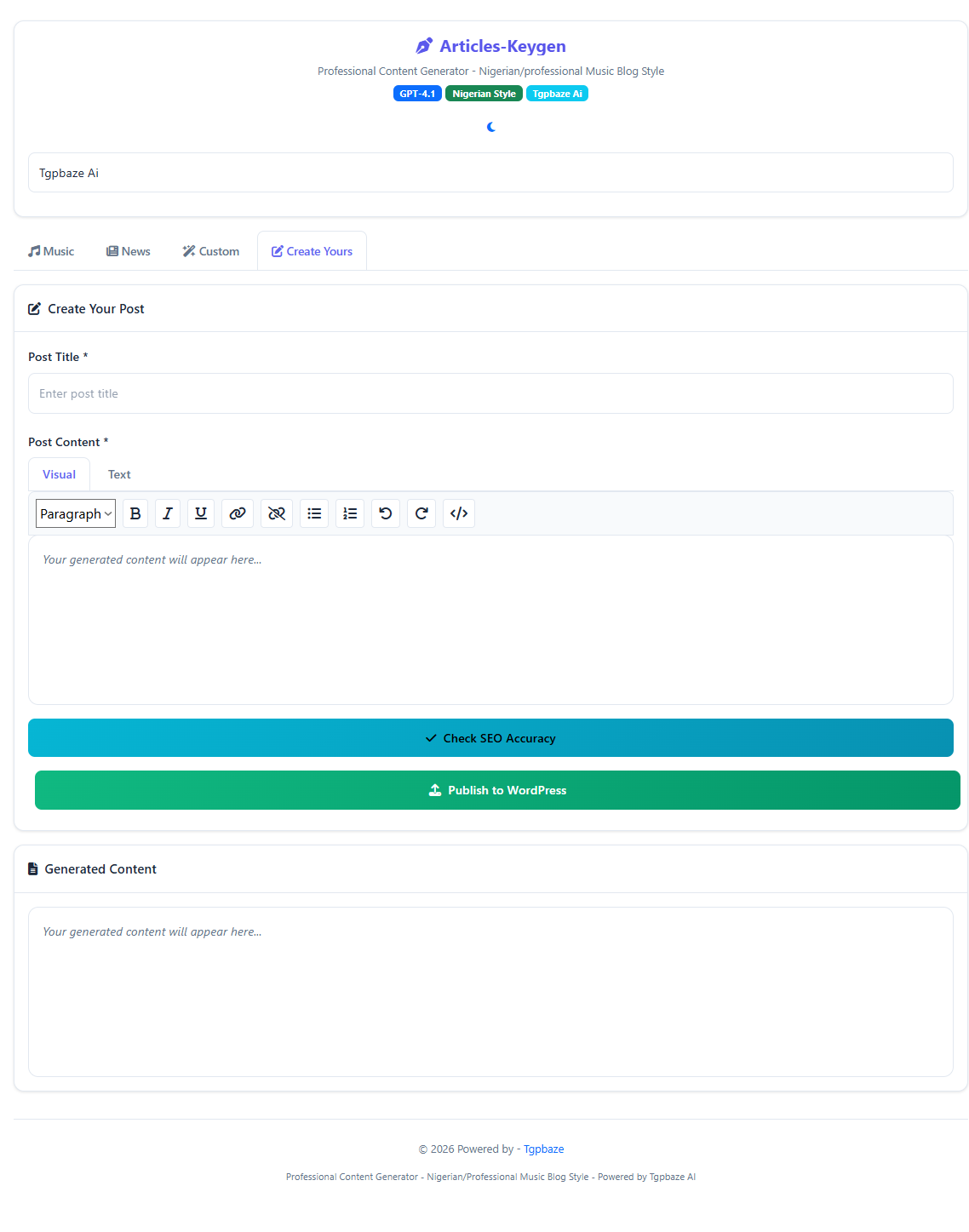 Articles-Keygen – AI Content Generator for Africa Music Blogs, News Platforms