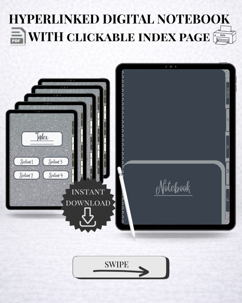 Digital Hyperlinked Notebook | 4 tabs | 100+ hyperlinked pages | Lined, Plain, Dotted & Split Pages