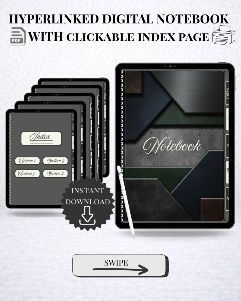 Digital Hyperlinked Notebook | 4 tabs | 100+ hyperlinked pages | Lined, Plain, Dotted & Split Pages