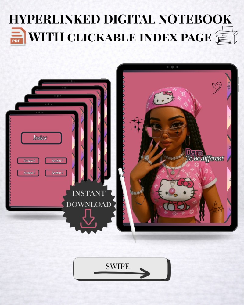 Digital Hyperlinked Notebook | 4 tabs | 100+ hyperlinked pages | Lined, Plain, Dotted & Split Pages