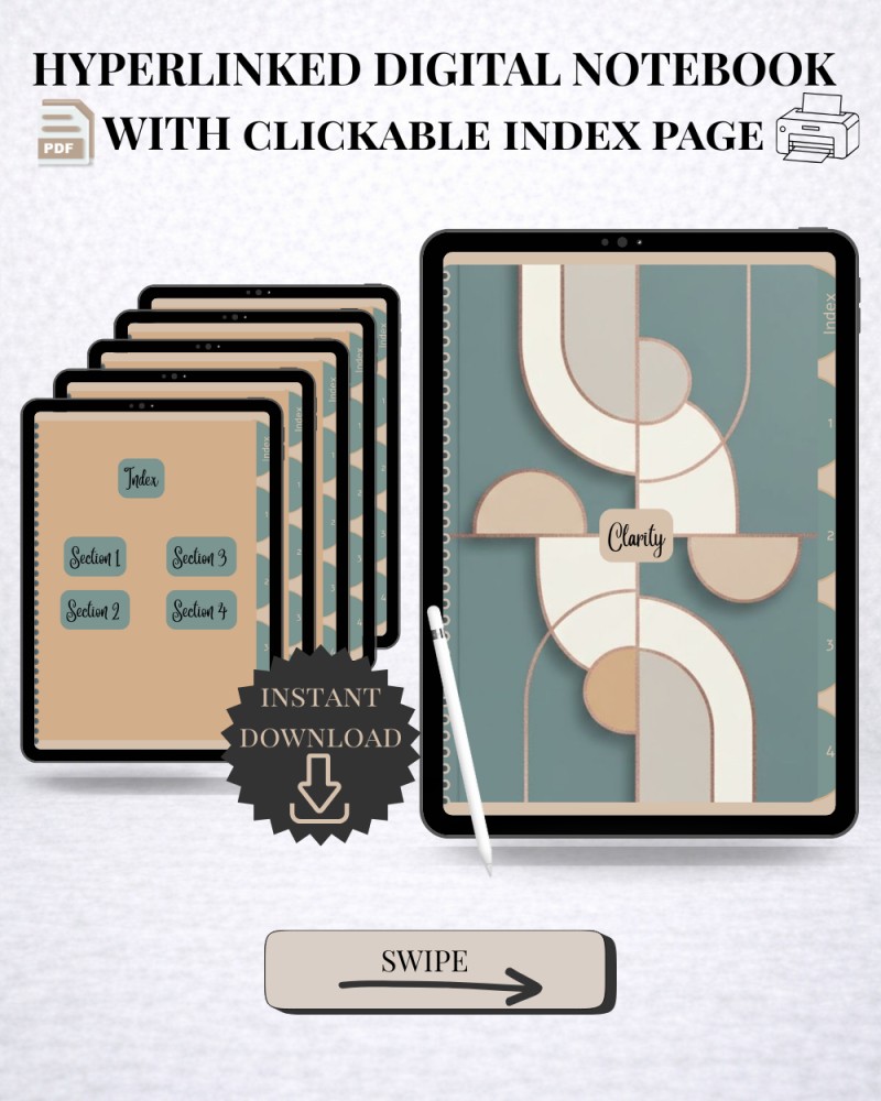 Digital Hyperlinked Notebook | 4 tabs | 100+ hyperlinked pages | Lined, Plain, Dotted & Split Pages