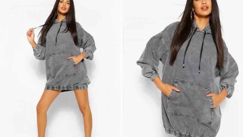hooded denim pullover dress Womens Oversize Loose Hoodie Long Sleeves Denim Dress Casual Fashion Jeans Gown